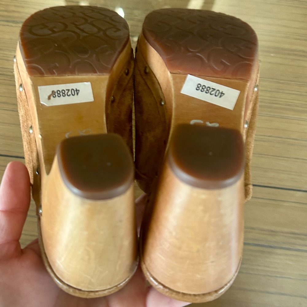 UGG Abbie Woodhills Sheep Skin Suede Wood Heels Rubber Soles Clog Mules Platform - Picture 11 of 14